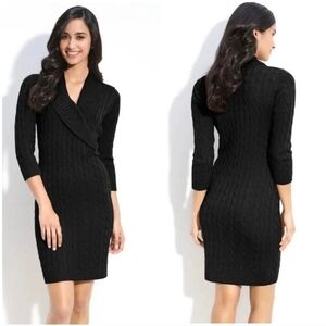 Calvin Klein Navy Blue Corded Shawl Collar Quarter Sleeve Belted Midi Dress M